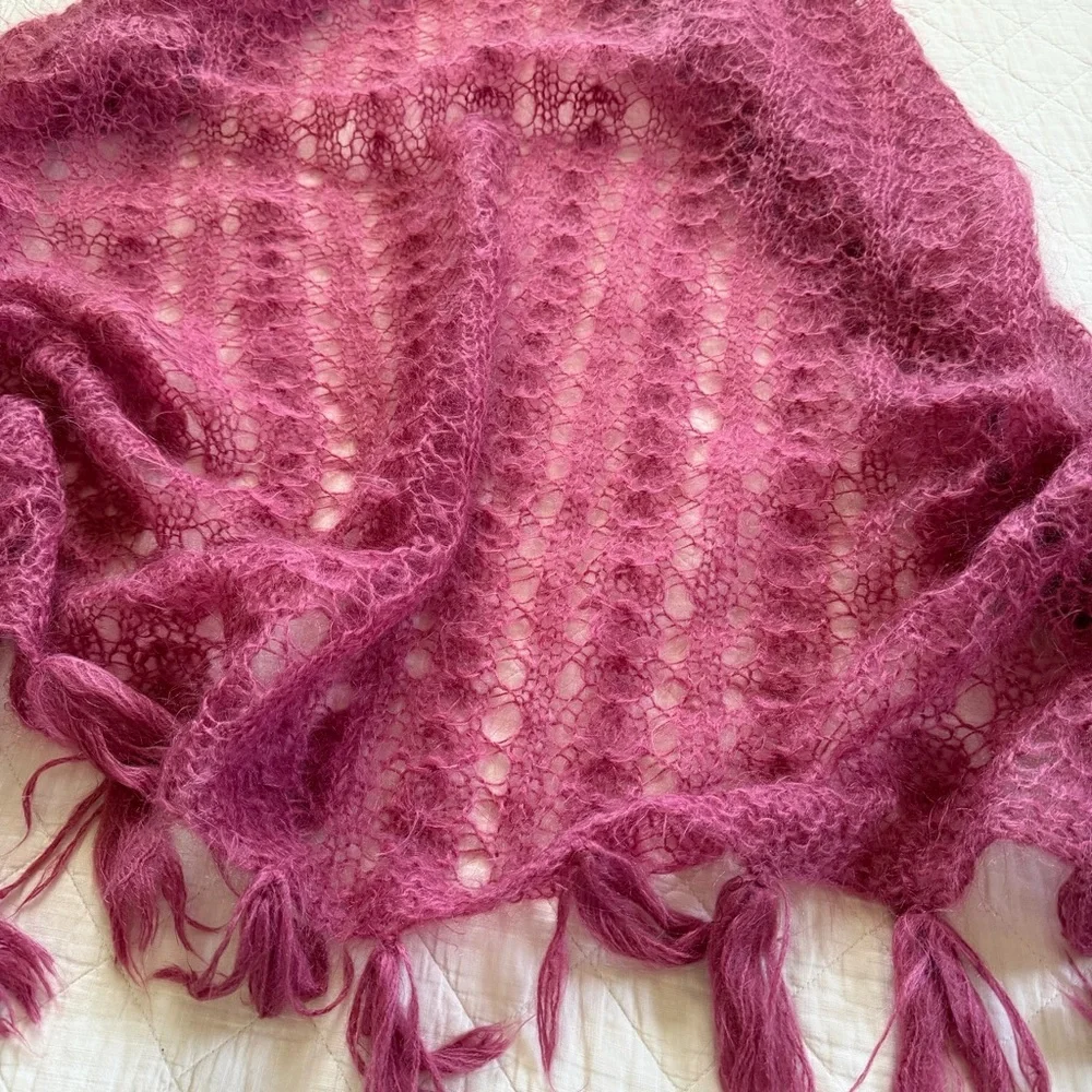 Vintage Mohair Lace Throw / Shawl – Raspberry Pink – Fringe Edges 60”x42”